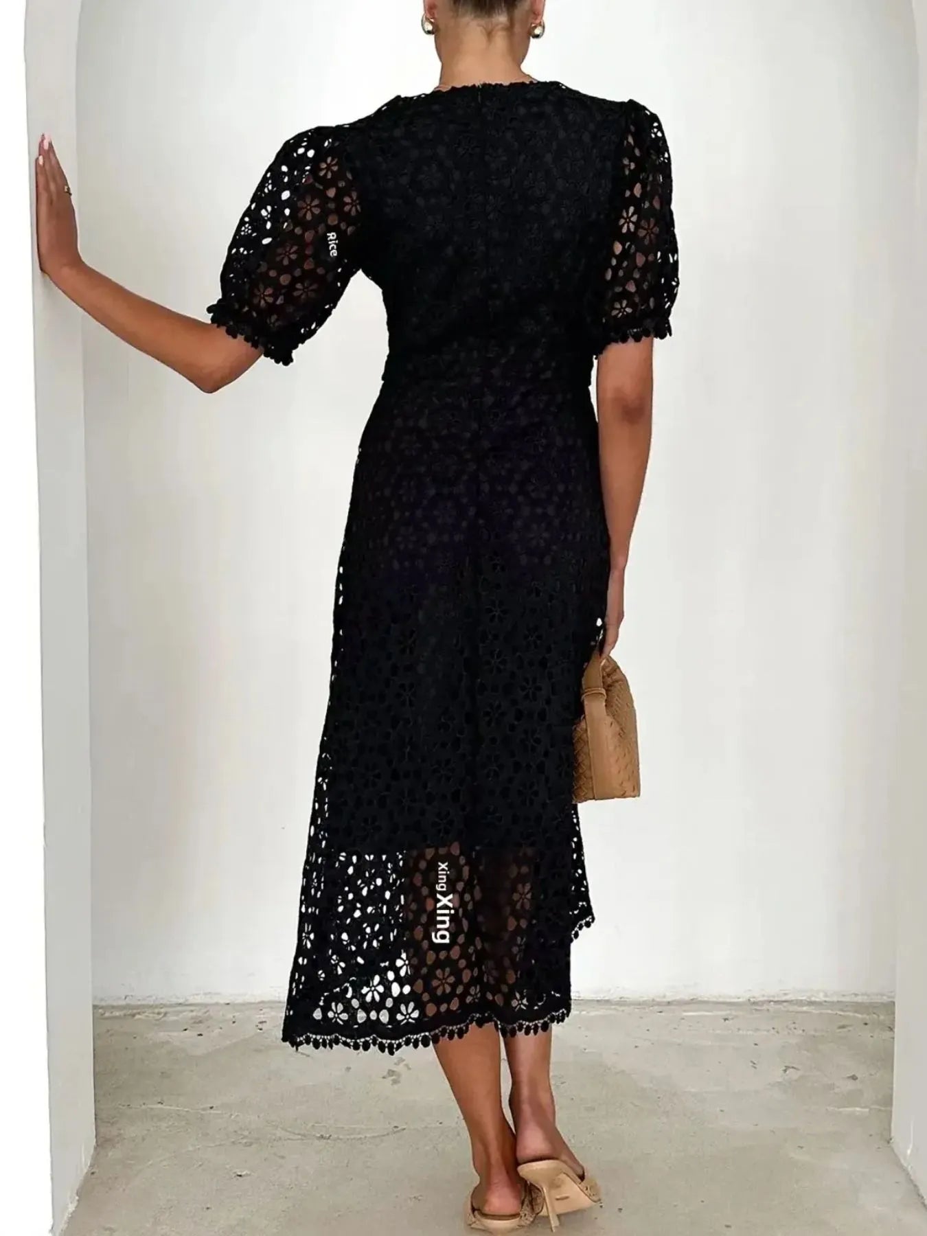 Eyelet Lace V-Neck Midi Dress with Puff Sleeves