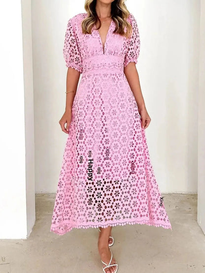 Eyelet Lace V-Neck Midi Dress with Puff Sleeves